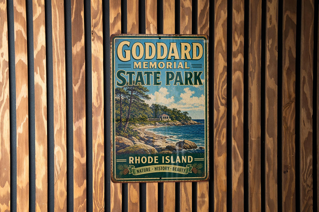 A vintage metal sign for Goddard Memorial State Park in Rhode Island, featuring a scenic landscape with a beach, trees, and a body of water.