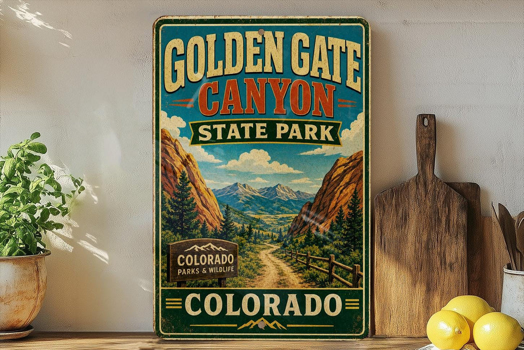 A vintage-style sign for Golden Gate Canyon State Park in Colorado, featuring a scenic mountain landscape.