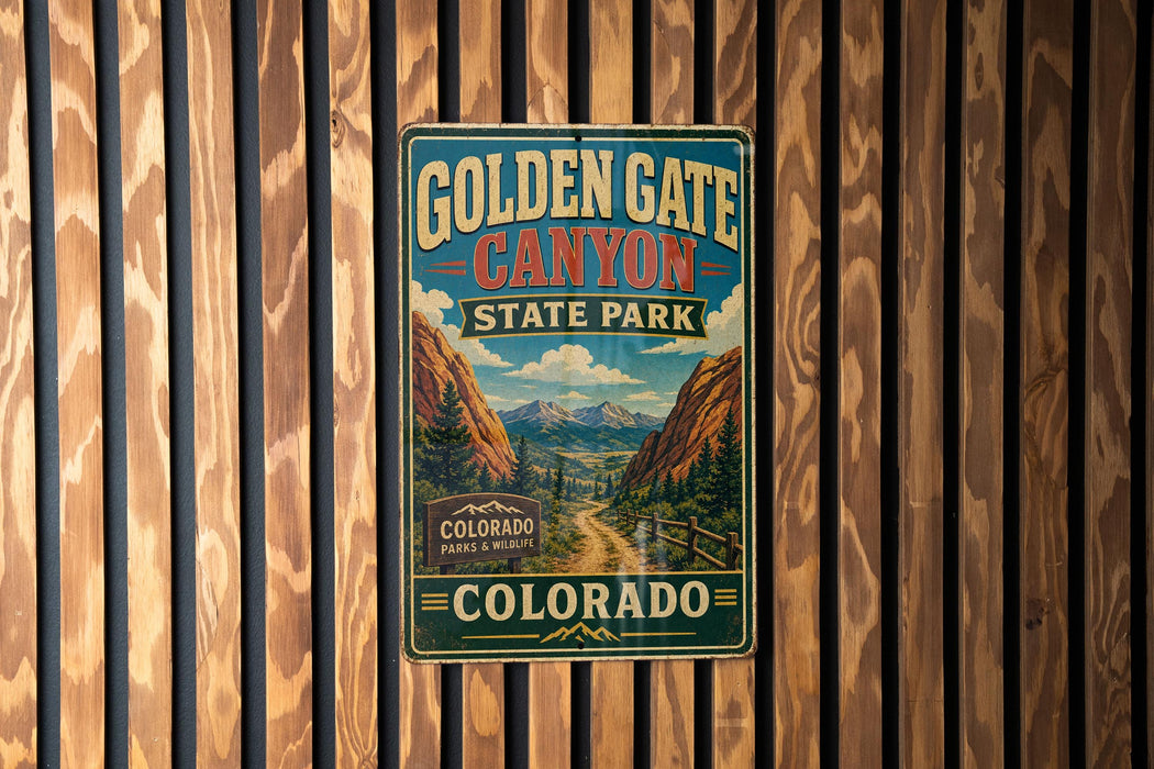 A vintage-style metal sign for Golden Gate Canyon State Park in Colorado, featuring a scenic mountain landscape.