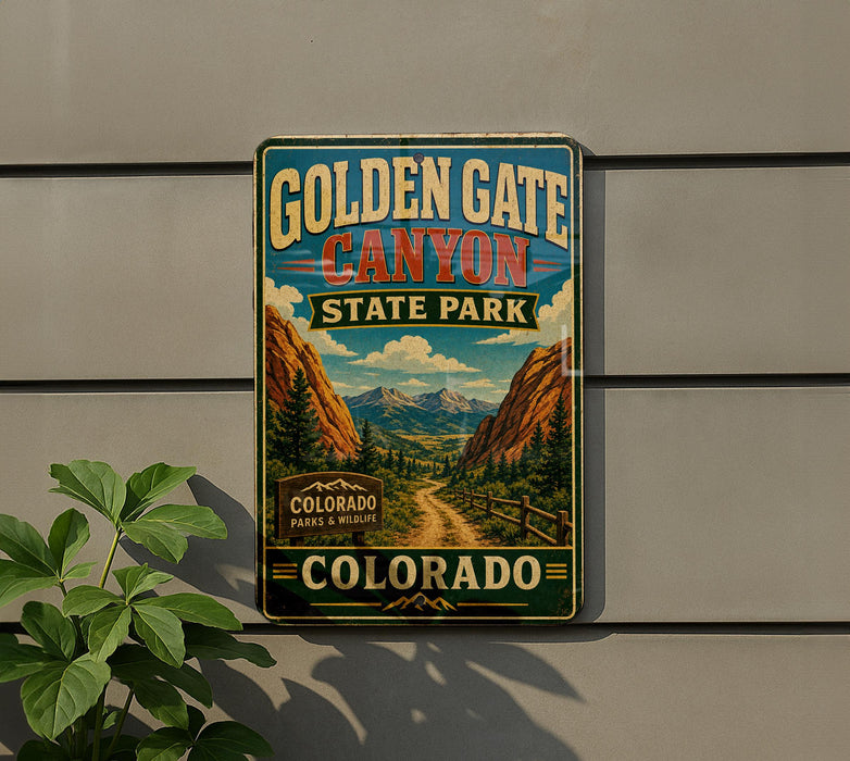 A vintage-style sign for Golden Gate Canyon State Park in Colorado, featuring a scenic mountain landscape with a dirt road leading through it.