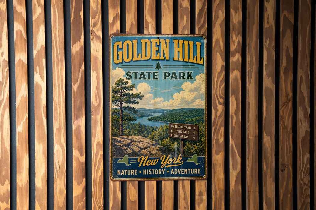 A vintage-style metal sign for Golden Hill State Park, featuring a scenic landscape with a river, mountains, and a pine tree.
