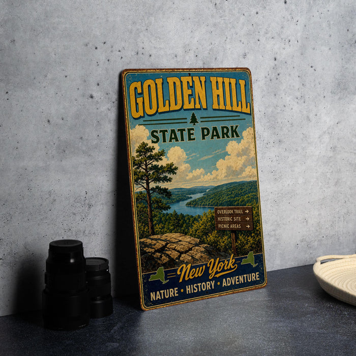 A vintage-style metal sign for Golden Hill State Park, featuring a scenic landscape with a lake and mountains, is displayed on a gray countertop next to some black camera lenses.