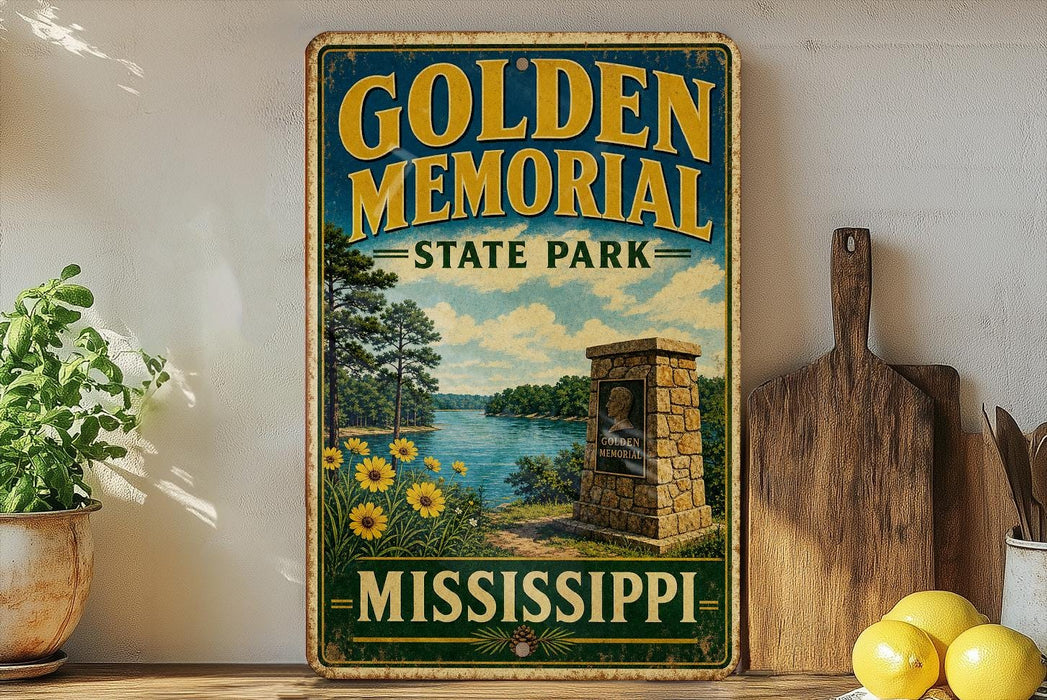 A vintage-style sign for Golden Memorial State Park in Mississippi, featuring a scenic landscape with a river, trees, and a stone monument.
