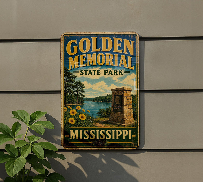 A vintage-style sign for Golden Memorial State Park in Mississippi, featuring a scenic landscape with a lake, trees, and a monument.