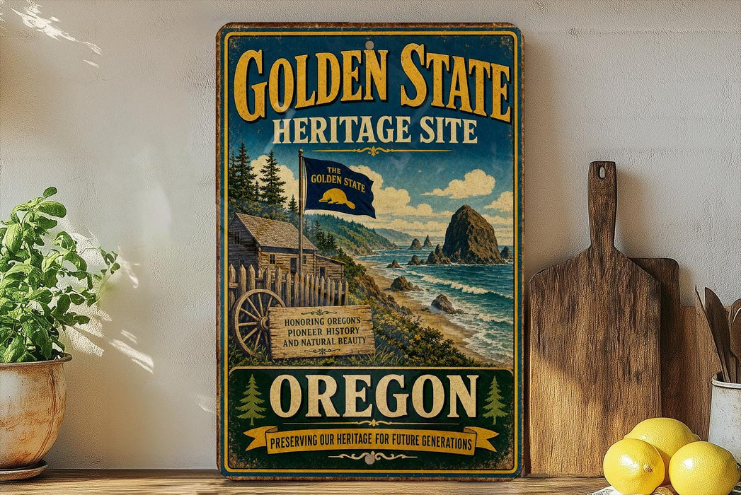 A vintage-style sign for the Golden State Heritage Site in Oregon, featuring a scenic landscape with a cabin, mountains, and a river.