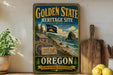 A vintage-style sign for the Golden State Heritage Site in Oregon, featuring a scenic landscape with a cabin, mountains, and a river.