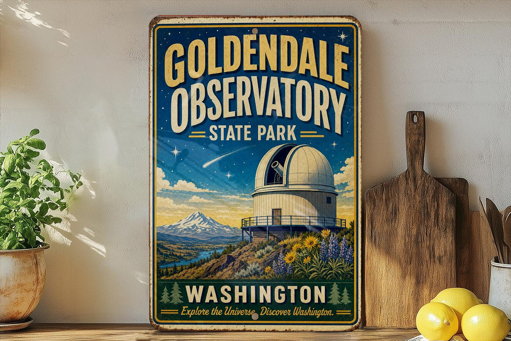 A vintage-style poster advertising Golden Dale Observatory in Washington State Park, featuring a large telescope and a scenic landscape.