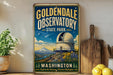 A vintage-style poster advertising Golden Dale Observatory in Washington State Park, featuring a large telescope and a scenic landscape.