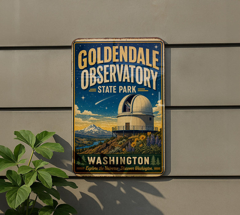 A vintage-style metal sign for Golden Dale Observatory, a state park in Washington, with a night sky scene and a dome-shaped observatory structure.