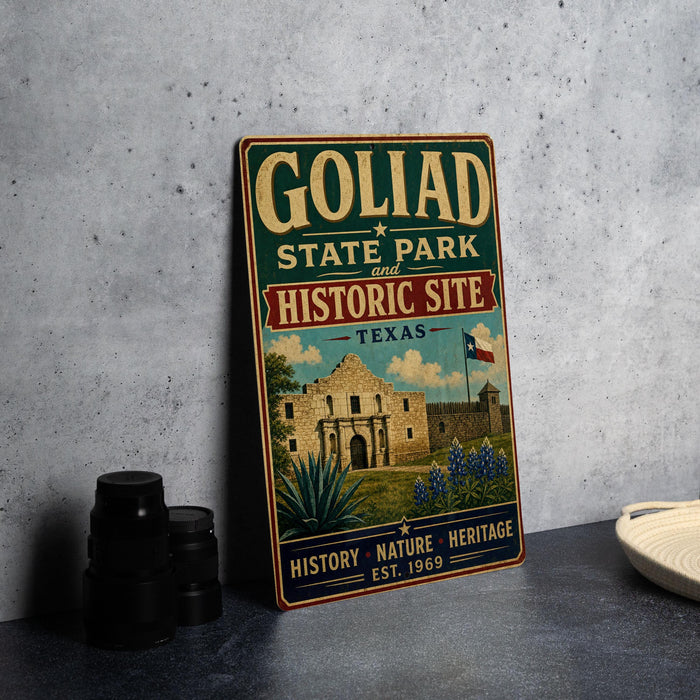 A vintage-style metal sign for Goliad State Park and Historic Site in Texas, featuring an illustration of the historic Alamo.