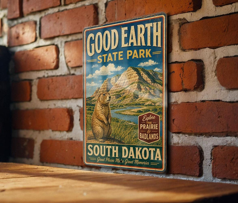 A vintage-style metal sign for Good Earth State Park in South Dakota, featuring a prairie badland landscape with a prairie dog.