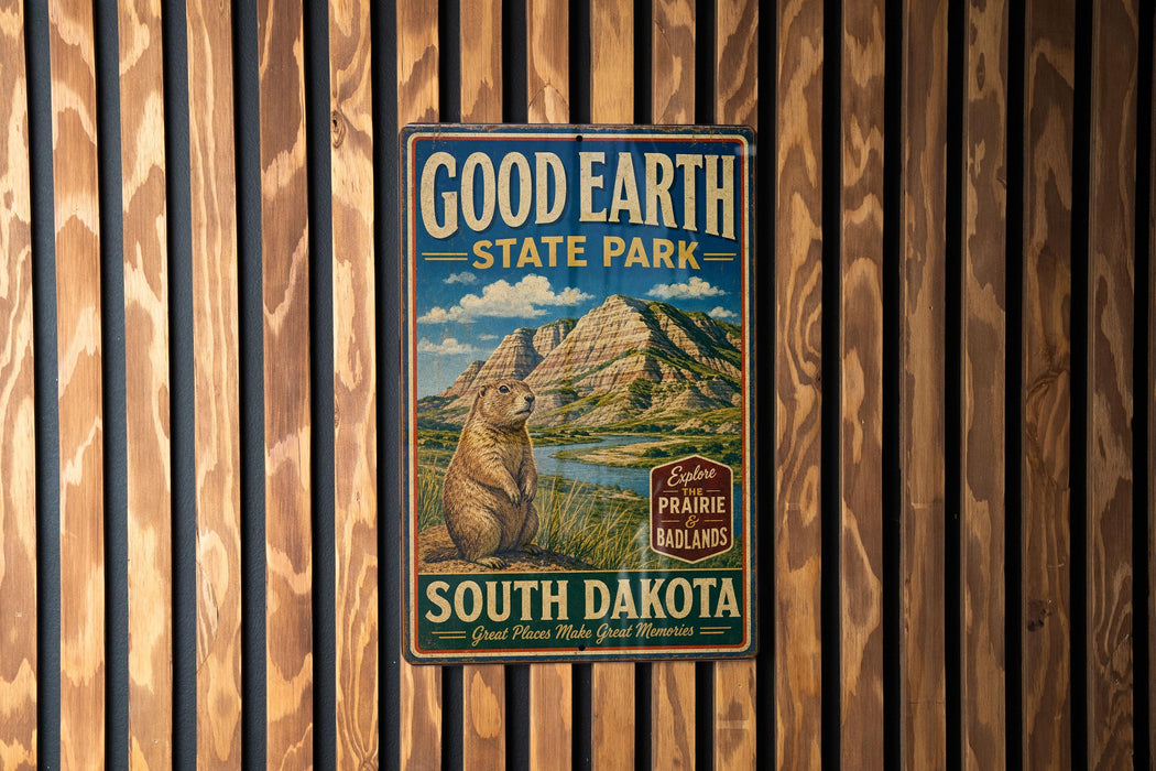 A metal sign with a mountain landscape and a meadow with a beaver, mounted on a wooden fence.