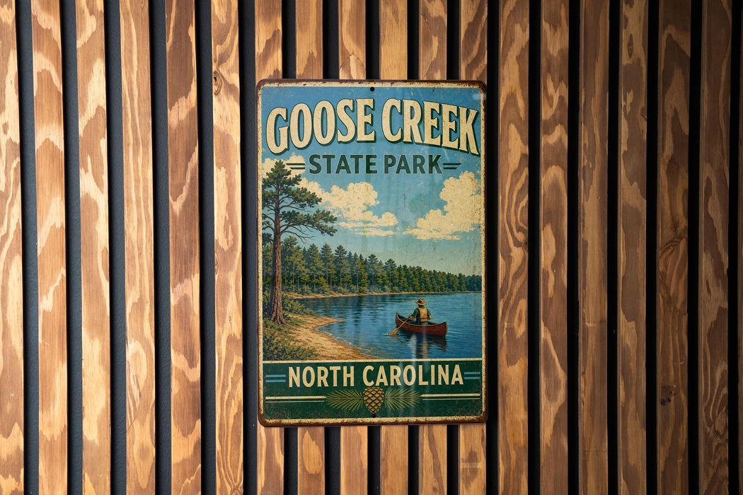 A vintage metal sign for Goose Creek State Park in North Carolina, featuring a scenic image of a lake with a person in a canoe.