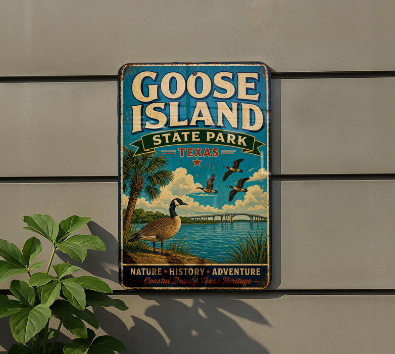 A vintage-style metal sign for Goose Island State Park in Texas, featuring a palm tree, birds, and a body of water.