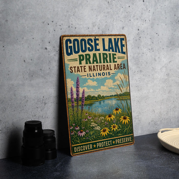 A vintage-style sign for Goose Lake Prairie, Illinois, featuring a scenic landscape with a lake, flowers, and a sky with clouds.