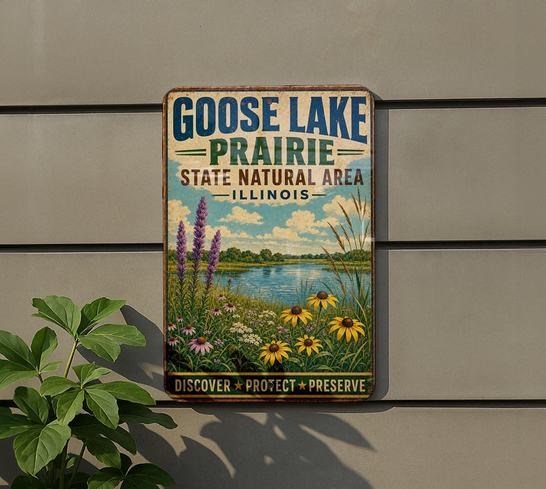 A vintage-style sign for Goose Lake Prairie, Illinois, featuring a scenic landscape with a lake, flowers, and a blue sky with clouds.