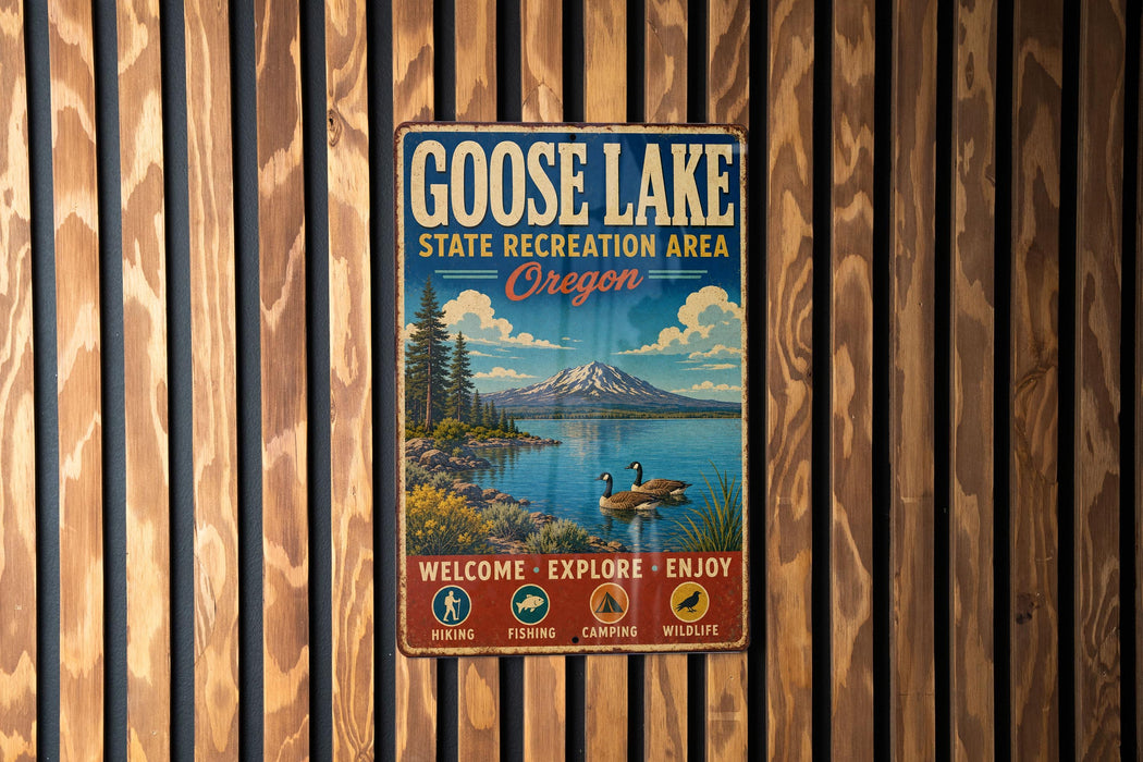 A vintage metal sign for Goose Lake State Recreation Area in Oregon, featuring a scenic landscape with a mountain, lake, and ducks.