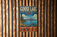 A vintage metal sign for Goose Lake State Recreation Area in Oregon, featuring a scenic landscape with a mountain, lake, and ducks.