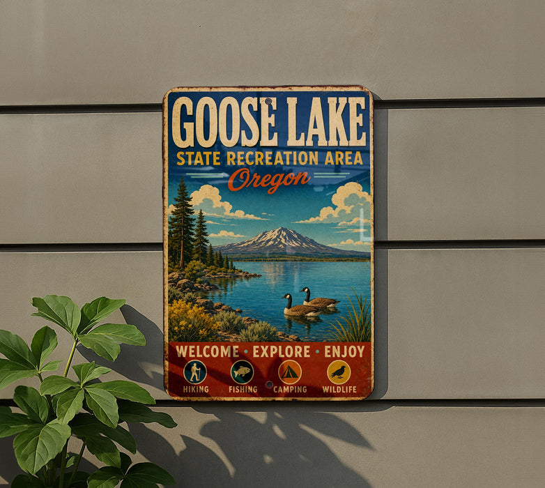 A vintage-style metal sign for Goose Lake State Recreation Area in Oregon, featuring a scenic landscape with a mountain, lake, and ducks.