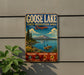 A vintage-style metal sign for Goose Lake State Recreation Area in Oregon, featuring a scenic landscape with a mountain, lake, and ducks.