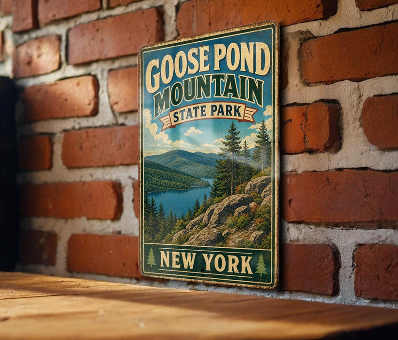 A vintage-style metal sign for Goose Pond Mountain State Park in New York, featuring a scenic mountain landscape with pine trees and a lake.