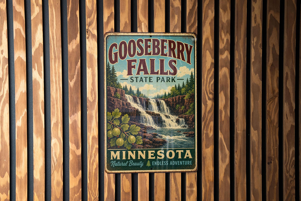 A vintage metal sign for Gooseberry Falls State Park in Minnesota, featuring a waterfall and forest scenery.