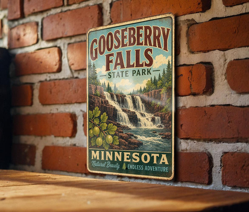 A vintage-style sign for Gooseberry Falls State Park in Minnesota, featuring a waterfall and forest scenery.