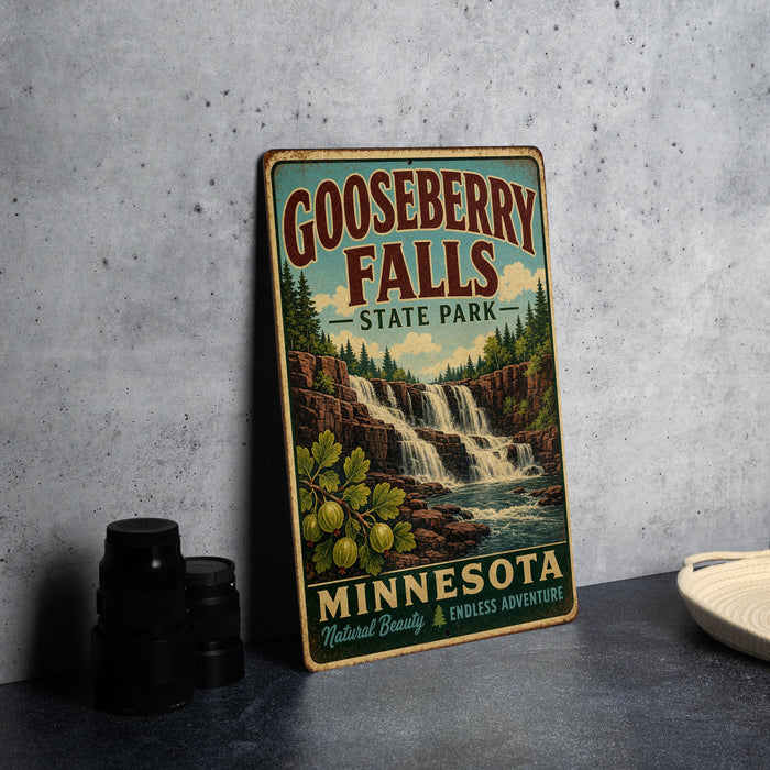 A vintage-style sign for Gooseberry Falls State Park in Minnesota, featuring a scenic illustration of the waterfall surrounded by pine trees and greenery.