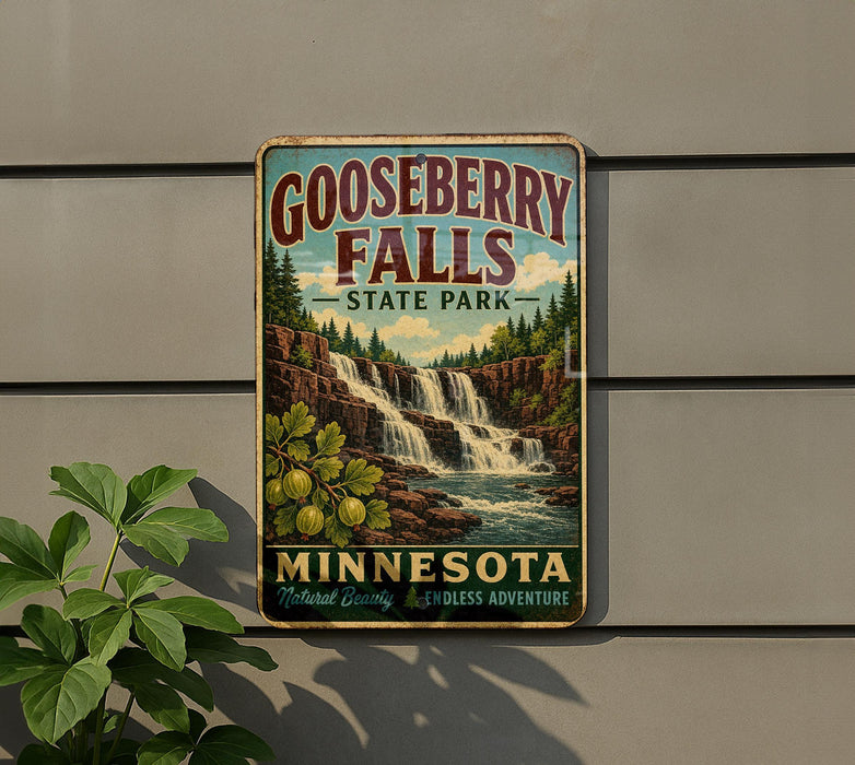 A vintage-style sign for Gooseberry Falls State Park in Minnesota, featuring a waterfall and lush greenery.