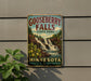 A vintage-style sign for Gooseberry Falls State Park in Minnesota, featuring a waterfall and lush greenery.