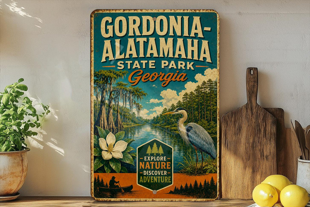 A vintage-style metal sign for Gordonia-Alataha State Park in Georgia, featuring a scenic illustration of the park's natural surroundings.