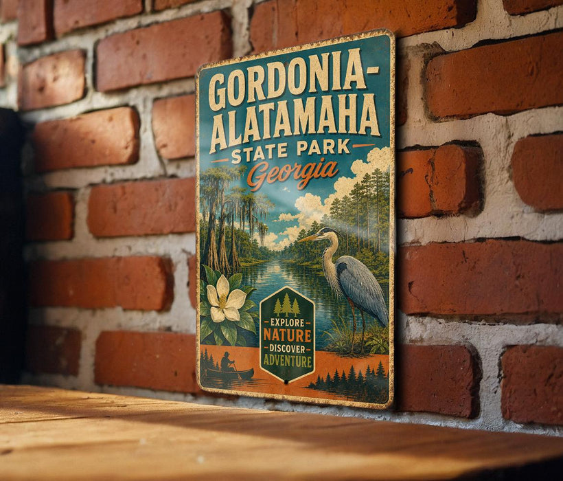 A vintage-style metal sign for Gordonia-Alataha State Park in Georgia, featuring a scenic illustration of the park's natural surroundings.