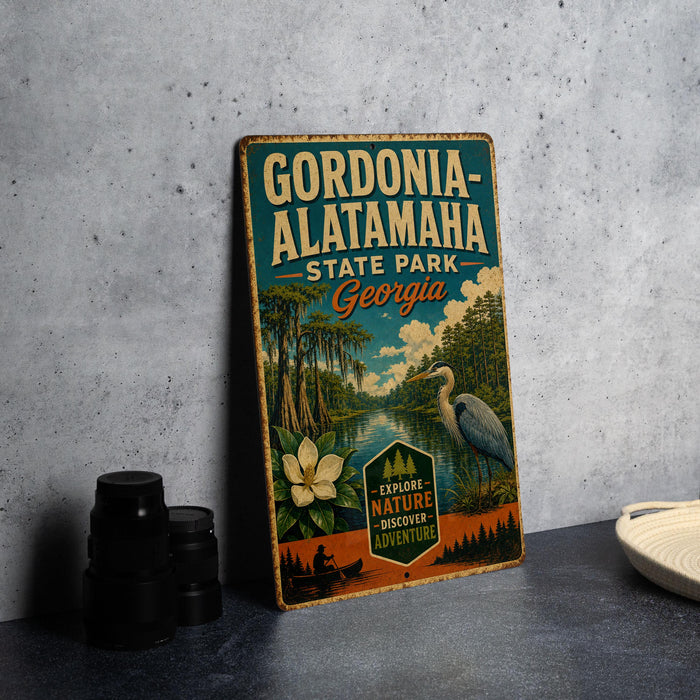 A vintage metal sign for Gordonia-Alatamaha State Park in Georgia, featuring a scenic illustration of the park's natural surroundings.