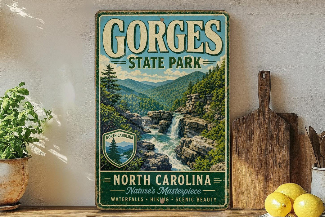 A vintage-style metal sign for Gorges State Park in North Carolina, featuring a scenic mountain landscape with a waterfall. The sign is displayed on a wooden shelf, surrounded by various kitchen utensils and a potted plant.