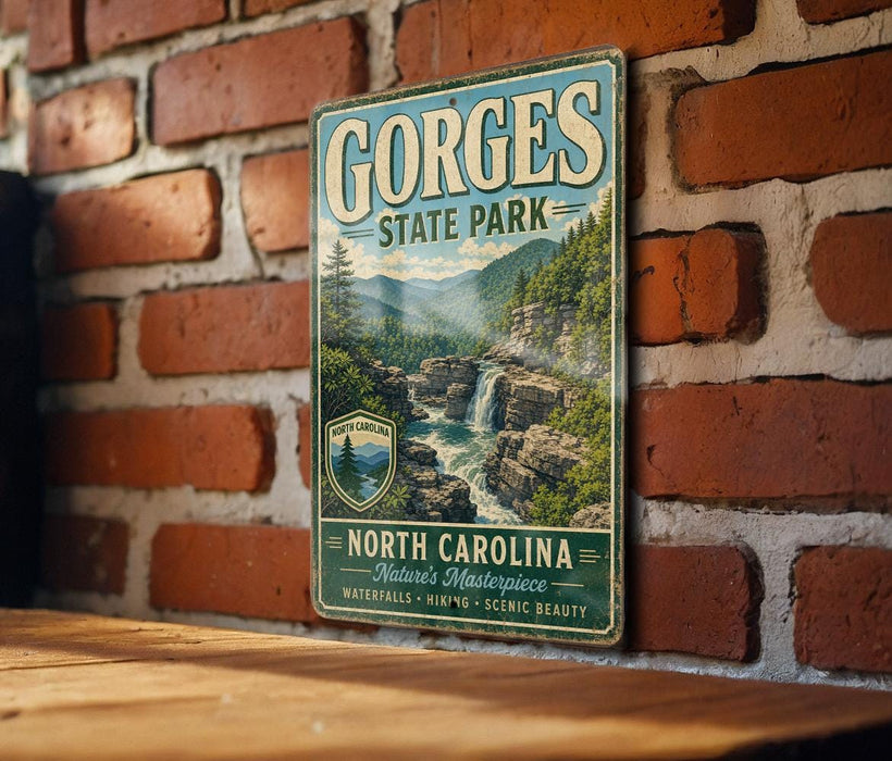 A vintage metal sign for Gorges State Park in North Carolina, featuring a scenic image of the park's natural beauty.