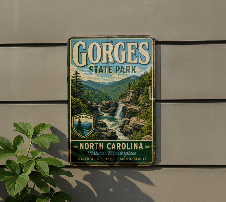 A vintage metal sign for Gorges State Park, featuring a scenic mountain landscape with a waterfall.