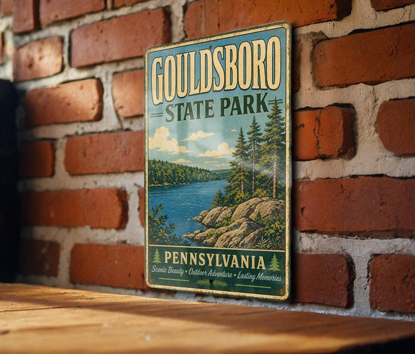 A vintage-style metal sign for Gouldsboro State Park in Pennsylvania, featuring a scenic landscape with a lake and pine trees.