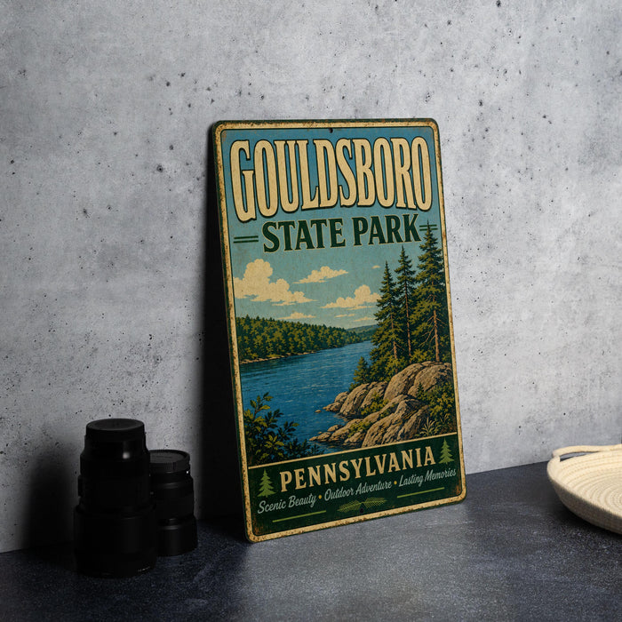 A vintage-style metal sign for Goudsboro State Park in Pennsylvania, featuring a scenic landscape with a lake and pine trees.