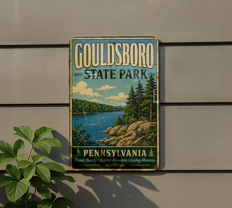 A vintage-style metal sign for Gouldsboro State Park in Pennsylvania, featuring a scenic landscape with a lake, mountains, and pine trees.