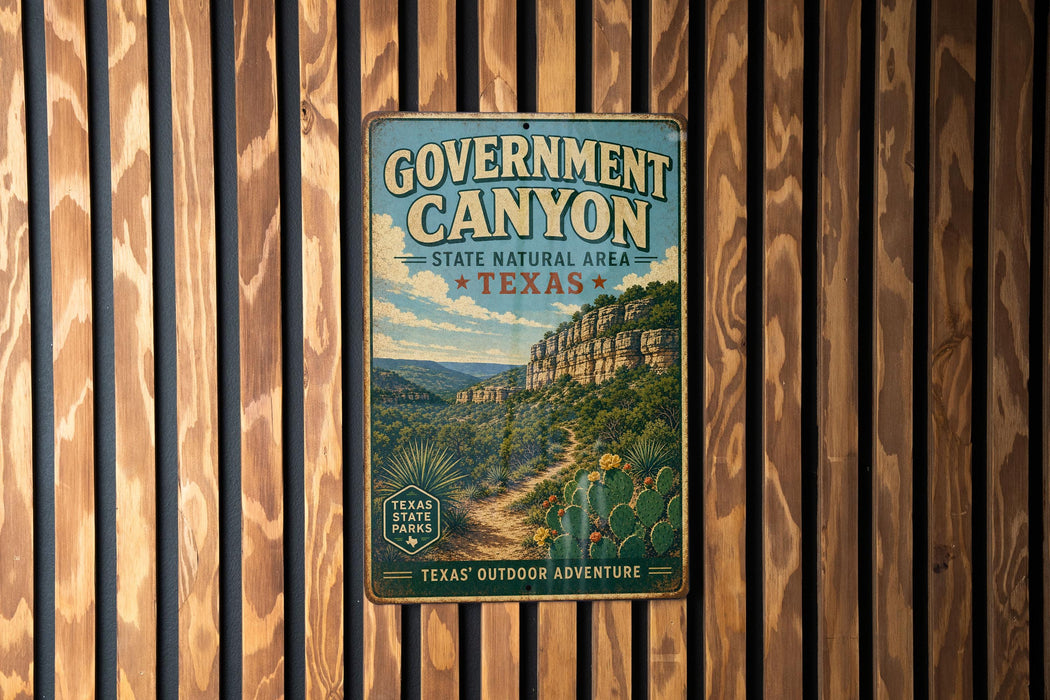 A vintage-style metal sign for Government Canyon, a state natural area in Texas, mounted on a wooden wall.