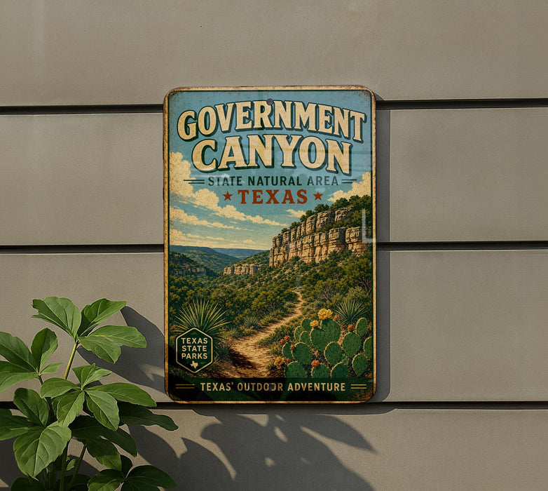 A vintage-style metal sign for Government Canyon, a state natural area in Texas, featuring a scenic illustration of the canyon landscape.