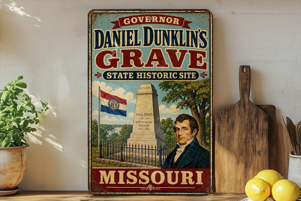A vintage-style metal sign for Daniel Dunklin's grave, which is a state historic site in Missouri. The sign features an illustration of a monument and a portrait of a man, along with the text "GOVERNOR DANIEL DUNKLIN'S GRAVE STATE HISTORIC SITE MISSOURI".