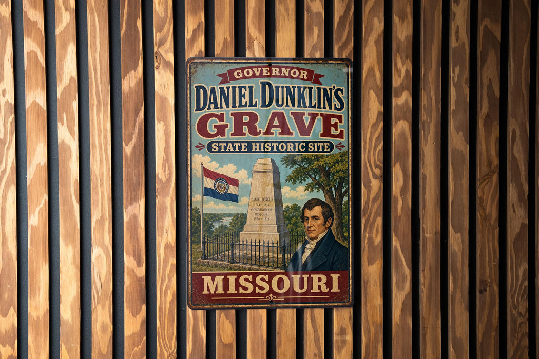 A vintage-style metal sign for the Missouri state historic site, featuring a portrait of a man and the monument.