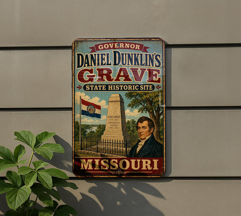 A vintage metal sign for Daniel Dunlin's Grave, a state historic site in Missouri, featuring a portrait of a man and a monument.
