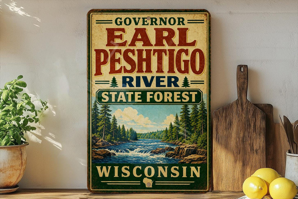 A vintage-style sign for "Governor Earl Peschigo River State Forest Wisconsin" is displayed on a shelf, with a potted plant and a wooden cutting board nearby.