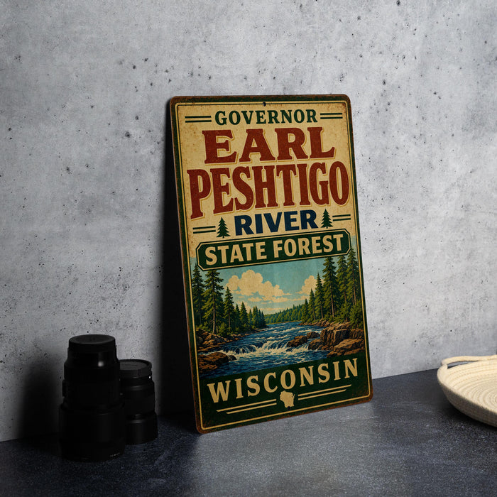A vintage-style sign for the Governor Earl Peschigo River State Forest in Wisconsin, featuring a scenic illustration of the river surrounded by pine trees.