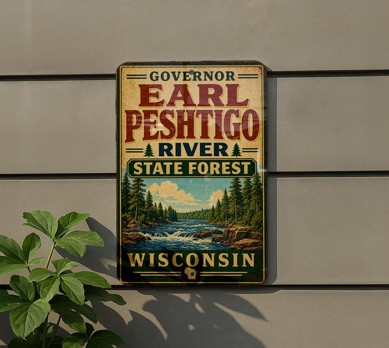 A vintage-style sign for the Governor Earl Peshtigo River State Forest in Wisconsin, featuring a scenic image of a river surrounded by pine trees.