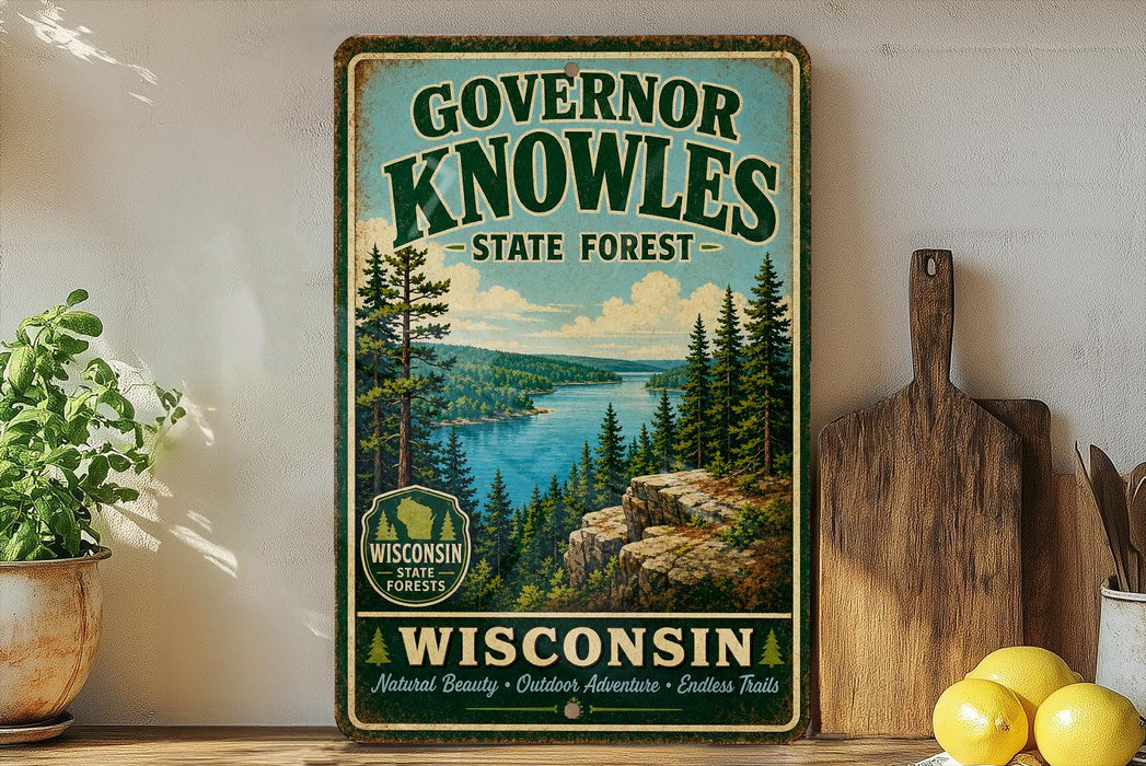 A vintage-style sign for Governor Knowles State Forest in Wisconsin, featuring a scenic landscape with pine trees, a lake, and mountains.