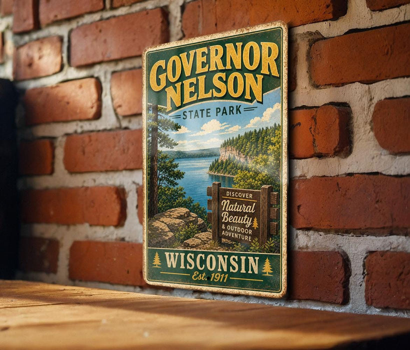 A vintage-style metal sign for Governor Nelson State Park, featuring a scenic landscape with a lake and mountains.