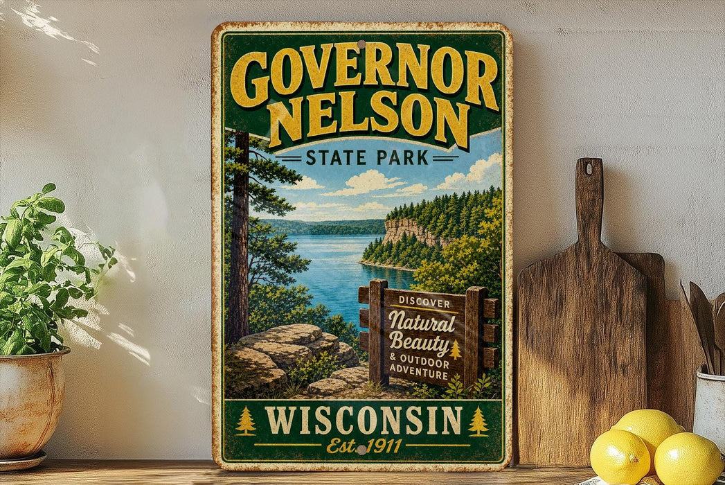 A vintage-style metal sign for Governor Nelson State Park in Wisconsin, featuring a scenic landscape with a lake and forest.